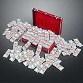 Open Red Suitcase With Scattered Bundles Of Cash Inside And Around