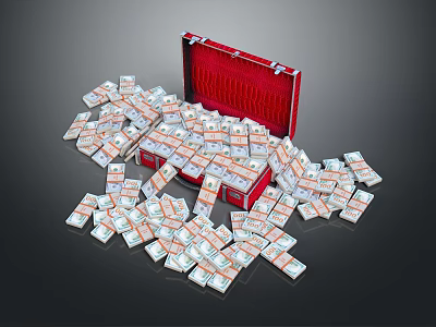 Open Red Suitcase With Scattered Bundles Of Cash Inside And Around 3d model