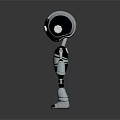 Small Metallic Robot With Silver Black Body And Glowing Eyes Standing On Dark Background