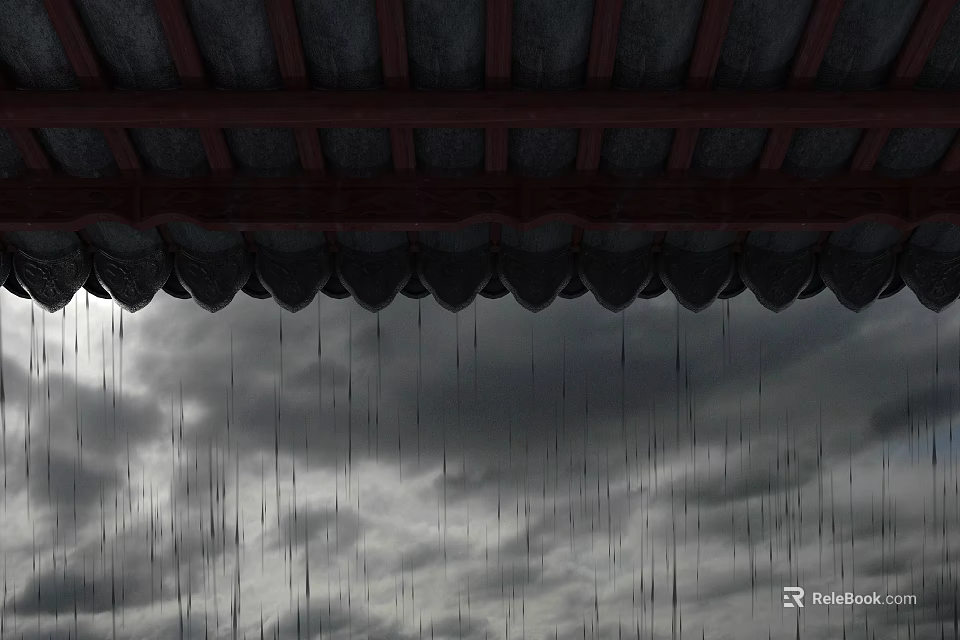 Ancient Building Eaves With Raindrops Falling Under Dark Cloudy Sky 3d model