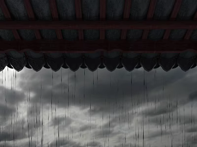 Ancient Building Eaves With Raindrops Falling Under Dark Cloudy Sky 3d model