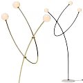 Modern Gold And Black Floor Lamps With Curved Line Design And White Spherical Shades