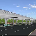Elevated Road Infrastructure With Overpass Moving Vehicles Street Lamps Trees And Sidewalk