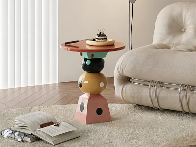 Colorful Modern Side Table With Geometric Stacked Base Holding Cake Tray In Living Room 3d model