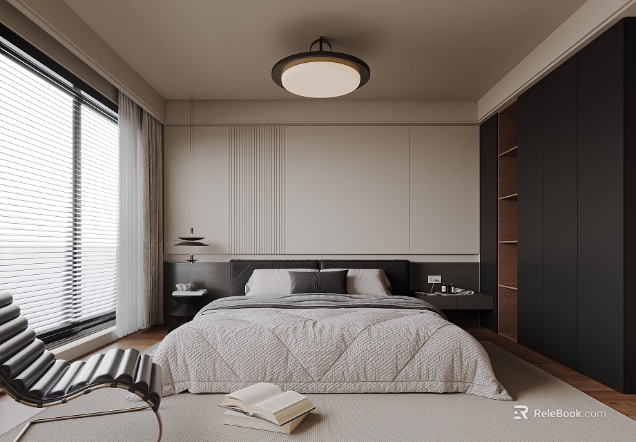 Modern Bedroom Interior Design With Large Bed Gray Quilt Black Wardrobe And Window Blinds 3d model 