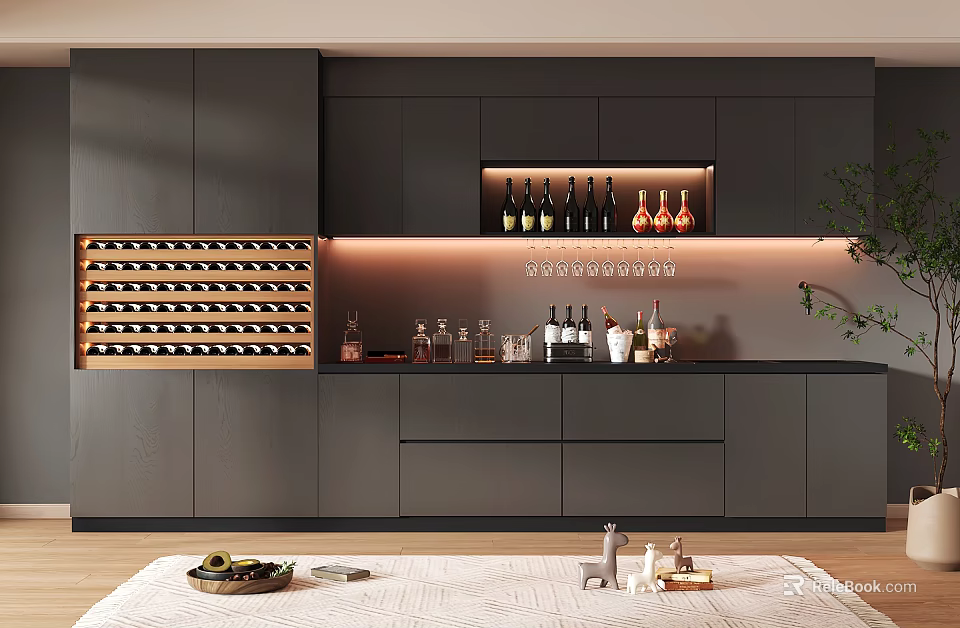 Modern Gray Wine Cabinet Interior With Wine Rack LED Lighting Glassware And Decorations 3d model 