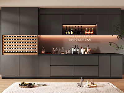 Modern Gray Wine Cabinet Interior With Wine Rack LED Lighting Glassware And Decorations 3d model