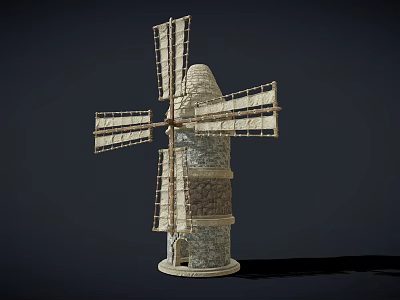 Detailed Vintage Windmill Model With Stone Tower And Wooden Blades Structure 3d model