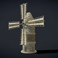 Detailed Vintage Windmill Model With Stone Tower And Wooden Blades Structure