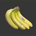 Ripe Fresh Yellow Bananas Bunch With Brand Stickers On Shiny Surface