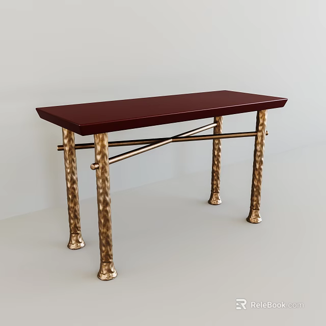 Modern Console Table With Dark Red Wooden Top And Gold Textured Metal Legs 3d model 