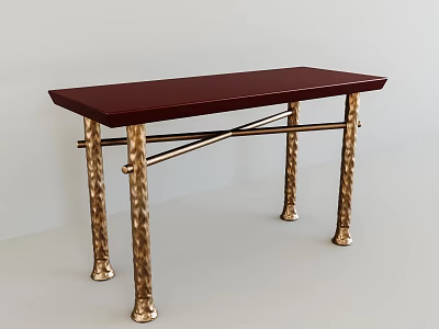Modern Console Table With Dark Red Wooden Top And Gold Textured Metal Legs 3d model