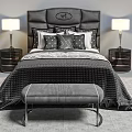 Elegant Double Bed Setup Featuring Upholstered Headboard Pillows Bench and Bedside Lamps 3d model