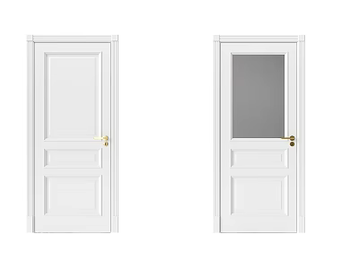 White Hinged Doors with Gold Handles One Solid Panel and One Glass Panel Design 3d model