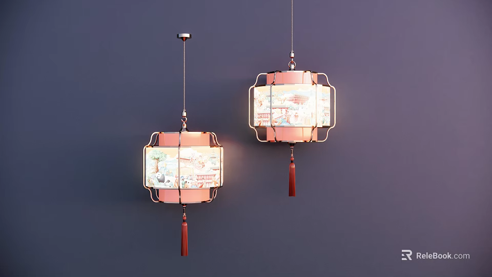 Chinese Style Square Frame Chandeliers With Patterned Panels And Red Tassels 3d model