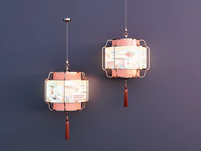Chinese Style Square Frame Chandeliers With Patterned Panels And Red Tassels 3d model