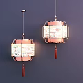 Chinese Style Square Frame Chandeliers With Patterned Panels And Red Tassels 3d model