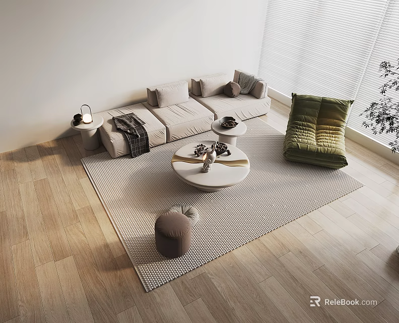 Modern Living Room Interior With Beige Sectional Sofa Green Armchair And Round Coffee Table 3d model 
