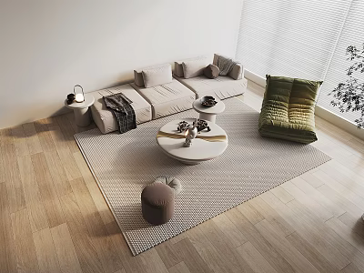 Modern Living Room Interior With Beige Sectional Sofa Green Armchair And Round Coffee Table 3d model