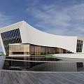 Modern Building With Curved White Facade Large Glass Windows Circular Pool Reflection And Blue Sky