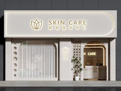 Elegant Skin Care Center Storefront Design With Illuminated White Facade Gold Logo And Glass Windows 3d model
