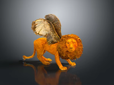 Stunning Winged Lion Sculpture With Orange Fur And Feathered Wings On Dark Reflective Surface 3d model