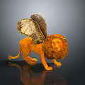 Stunning Winged Lion Sculpture With Orange Fur And Feathered Wings On Dark Reflective Surface