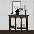 Modern Console Table With Arched Legs Solid Wood Design And Decorative Vase Green Plants 3d model