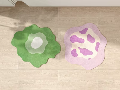 Two Decorative Irregular Shaped Rugs Green White Center and Pink Purple Spots on Wooden Floor 3d model