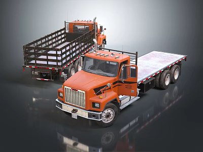 Orange Utility Flatbed And Stake Bed Trucks For Commercial Cargo Transport 3d model