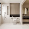 Modern Bathroom Interior Design With Shower Toilet Vanity White Tiles And Wooden Cabinets