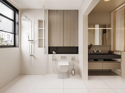 Modern Bathroom Interior Design With Shower Toilet Vanity White Tiles And Wooden Cabinets 3d model