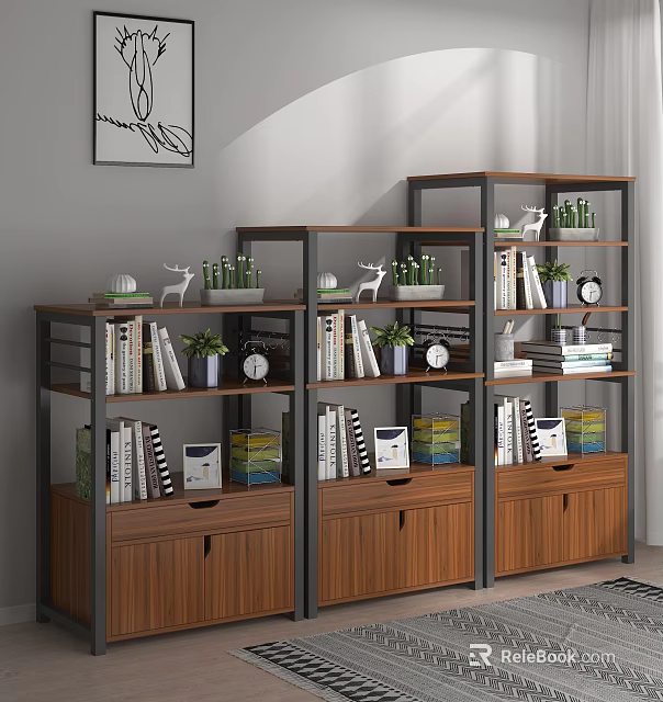 Wooden Storage Shelving Unit With Books Green Plants Decorative Figurines Clock And Storage Drawers 3d model 