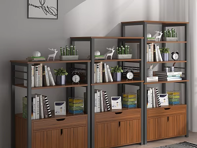 Wooden Storage Shelving Unit With Books Green Plants Decorative Figurines Clock And Storage Drawers 3d model
