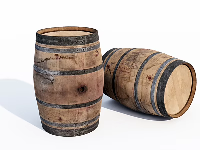 Vintage Wooden Barrels Decorative Ornament Set With Standing And Lying Styles 3d model