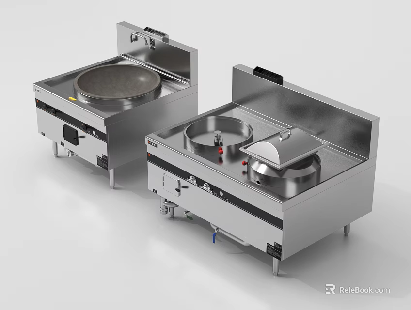Stainless Steel Commercial Kitchen Cooking Equipment With Double Burners And Wok Stations 3d model 