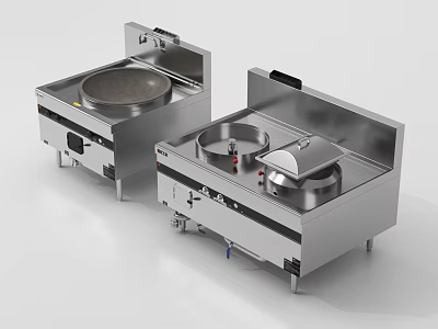 Stainless Steel Commercial Kitchen Cooking Equipment With Double Burners And Wok Stations 3d model