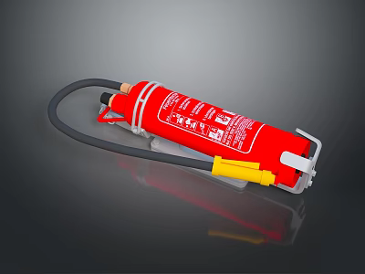 Red Fire Extinguisher With Black Hose Yellow Nozzle And Safety Label 3d model