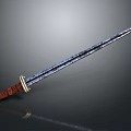Decorative Medieval Sword With Wooden Handle And Blue Silver Blade Patterns