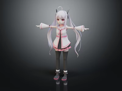 Anime Style 3D Virtual Creature Character With Long White Hair Twin Ponytails And Outstretched Arms 3d model