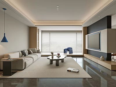 Modern Living Room Interior Design With Beige Sofa Coffee Table TV Wall And Window 3d model
