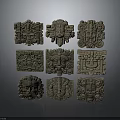 Nine Ancient Square Stone Panels With Intricate Facial Carvings And Traditional Designs