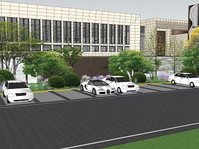 Modern Building Parking Lot With White Cars Green Trees And Shrubs 3d model