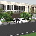 Modern Building Parking Lot With White Cars Green Trees And Shrubs