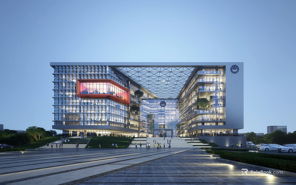 Modern Office Building Featuring Glass Curtain Walls Geometric Structure And Illuminated Entrance Plaza Greenery 3d model 