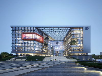 Modern Office Building Featuring Glass Curtain Walls Geometric Structure And Illuminated Entrance Plaza Greenery 3d model