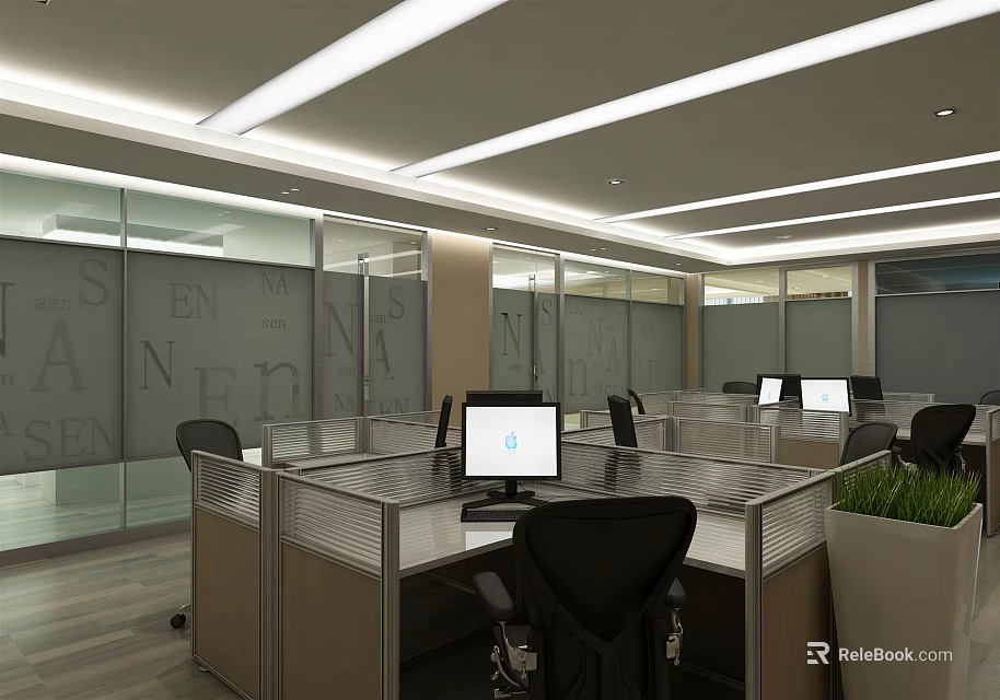 Modern Public Office Space With Cubicles Computers Glass Partitions And Lighting 3d model 