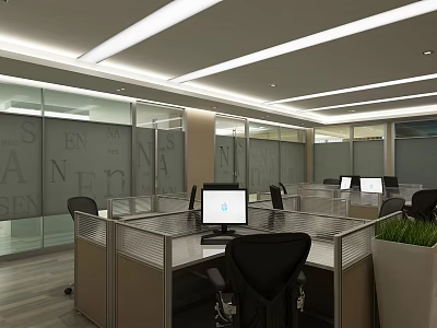 Modern Public Office Space With Cubicles Computers Glass Partitions And Lighting 3d model