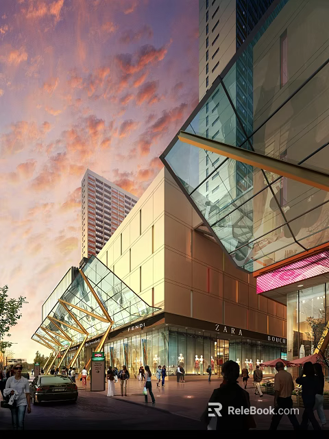 Modern Shopping Mall Lobby Entrance With Glass Facade Brand Stores And Sunset Sky 3d model 