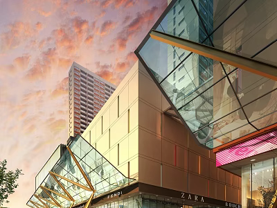 Modern Shopping Mall Lobby Entrance With Glass Facade Brand Stores And Sunset Sky 3d model